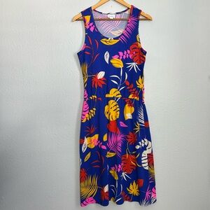 Medium sleeveless dress with elastic waist, tropical